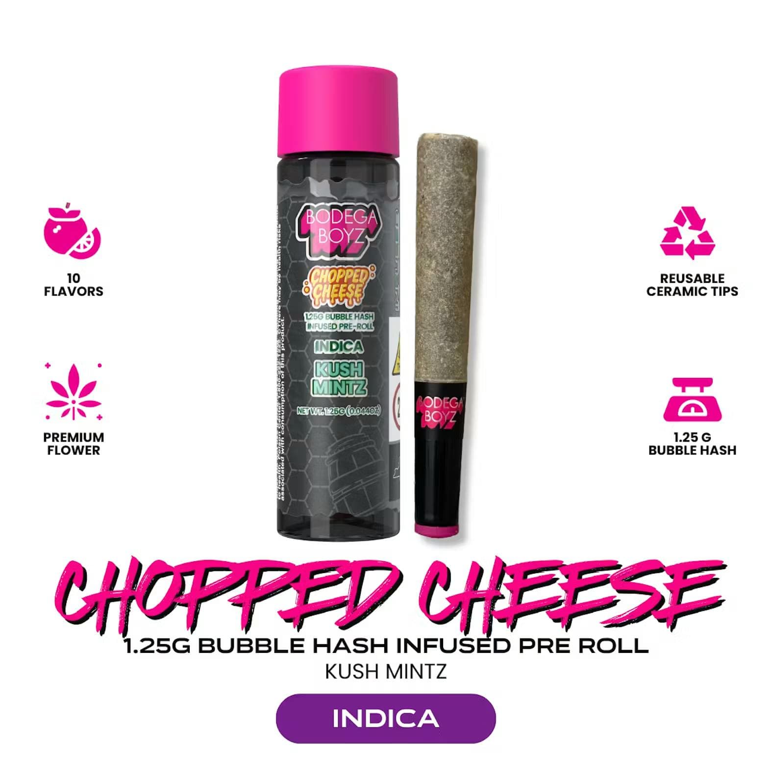 Bodega Boyz | Kush Mints | 1.25g Chopped Cheese Bubble Hash Infused Pre-Roll (Indica)